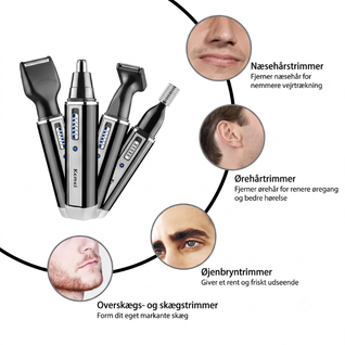 4-i-1 genopladelig trimmer – til næsehår, ørehår, øjenbryn og skæg