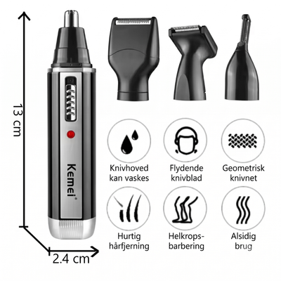 Trimmer med målangivelser 13 cm længde og 2,4 cm bredde, samt ikoner for opvaskbart knivhoved, flydende knivblad, geometrisk knivnet og hurtig hårfjernelse