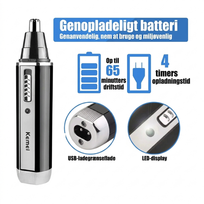 Trimmer med information om genopladeligt batteri, 65 minutters driftstid, 4 timers opladningstid, USB-ladeport og LED-display