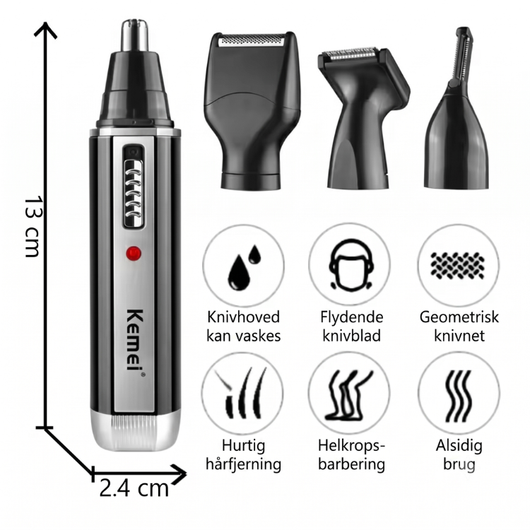 Trimmer med målangivelser 13 cm længde og 2,4 cm bredde, samt ikoner for opvaskbart knivhoved, flydende knivblad, geometrisk knivnet og hurtig hårfjernelse