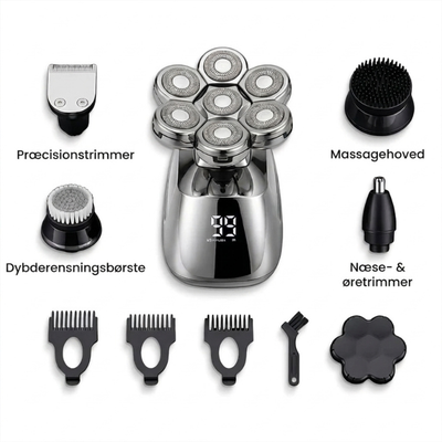 Alt tilbehør til barbermaskinen: trimmer, børster, kamme og opladerkabel