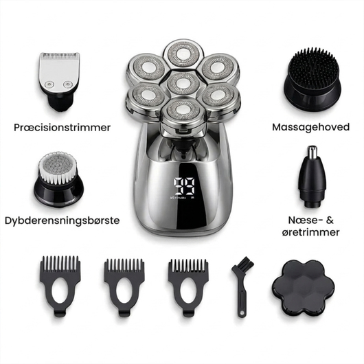 Alt tilbehør til barbermaskinen: trimmer, børster, kamme og opladerkabel