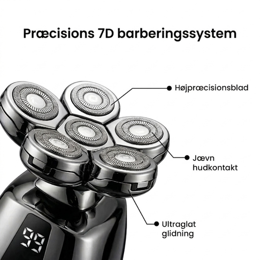 Diagram over 7D-barberhovedets højpræcisionsklinger og konturfølgende design