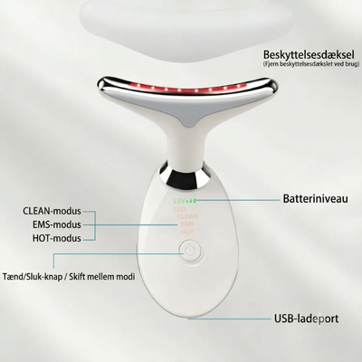 InfraRelief™ nakkemassager med LED, EMS og varmefunktion – viser CLEAN-, EMS- og HOT-tilstande, USB-opladning og batteriniveau