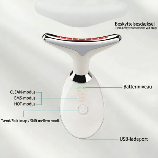InfraRelief™ nakkemassager med LED, EMS og varmefunktion – viser CLEAN-, EMS- og HOT-tilstande, USB-opladning og batteriniveau