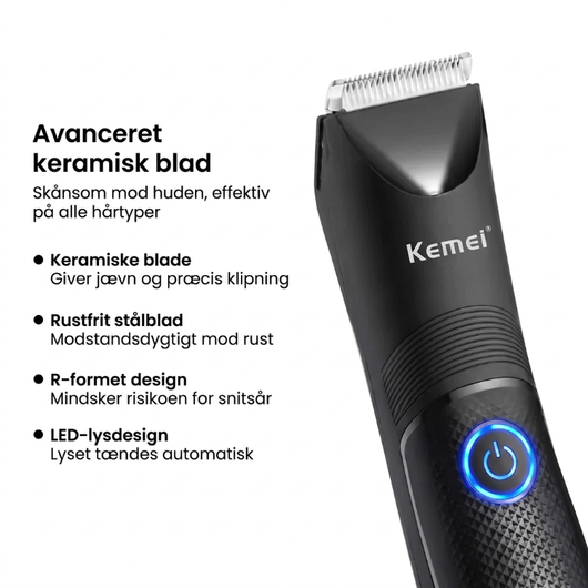 Trimmer med overskriften "Avanceret keramisk blad" og liste over egenskaber som keramisk blad, rustfrit stål og R-formet design