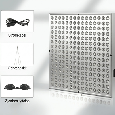 NordCura™ LightPanel 225 – LED-panel til rødlysbehandling med 225 dioder, 660 nm og 850 nm infrarød lysbehandling. Aluminiumpanel på 31×31 cm med strømkabel, ophængssæt og øjenbeskyttelse. Professionel rødlysbehandling derhjemme.