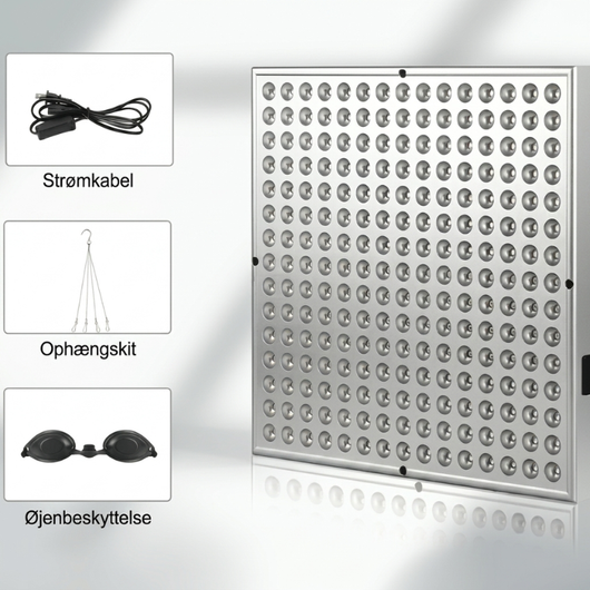 NordCura™ LightPanel 225 – LED-panel til rødlysbehandling med 225 dioder, 660 nm og 850 nm infrarød lysbehandling. Aluminiumpanel på 31×31 cm med strømkabel, ophængssæt og øjenbeskyttelse. Professionel rødlysbehandling derhjemme.