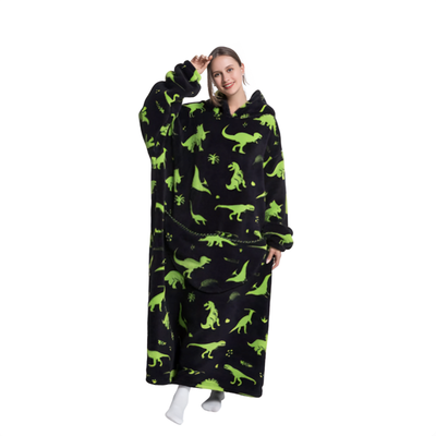 Sort oversized hoodie med grønt dinosaurmønster, lang model