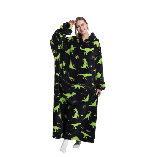 Sort oversized hoodie med grønt dinosaurmønster, lang model