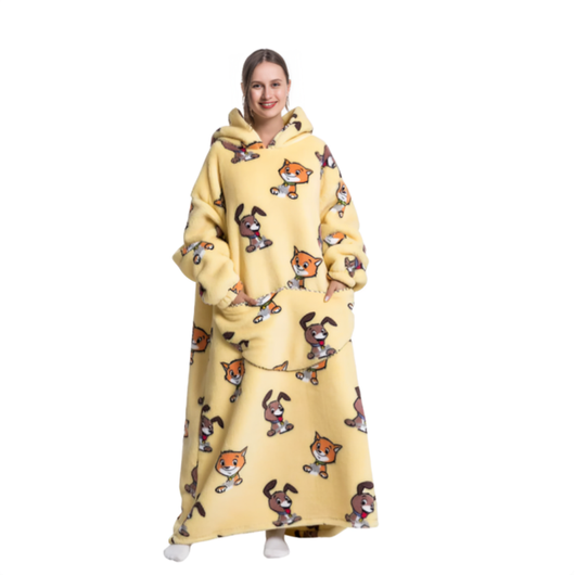 Gul oversized hoodie med hunde- og rævemønster, lang model