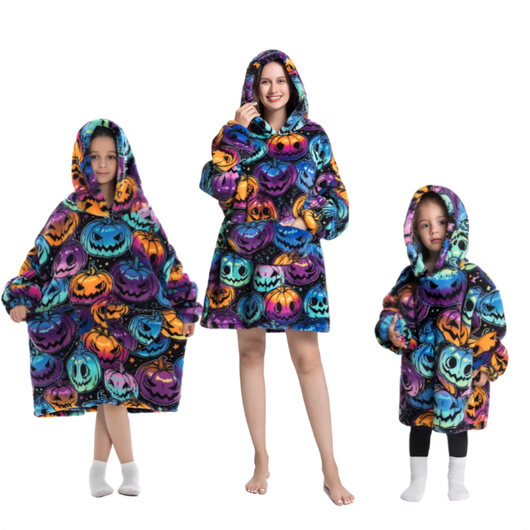 Oversized hoodie med farverigt græskarmønster til voksen og barn