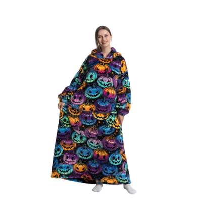 Oversized hoodie med farverigt græskarmønster, lang model