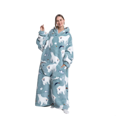Lyseblå oversized hoodie med isbjørnemønster, lang model