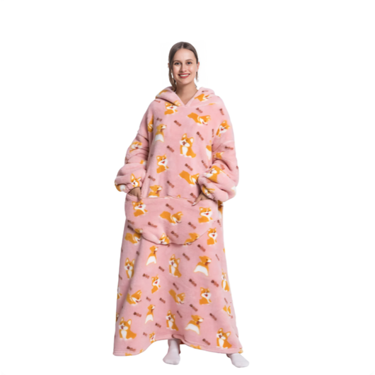 Pink oversized hoodie med corgi-mønster, lang model