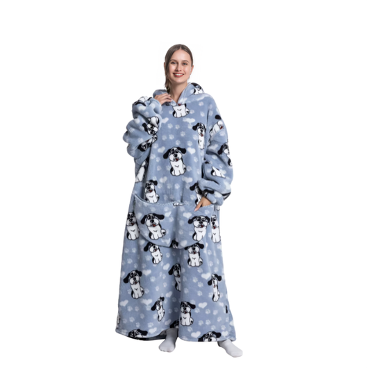 Blå oversized hoodie med hunde- og hjertemønster, lang model