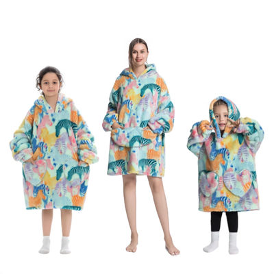 Oversized hoodie med pastelfarvet zebra- og bladmønster til voksen og barn