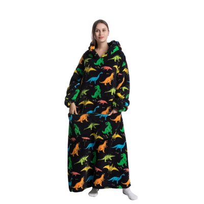 Sort oversized hoodie med farverigt dinosaurmønster, lang model