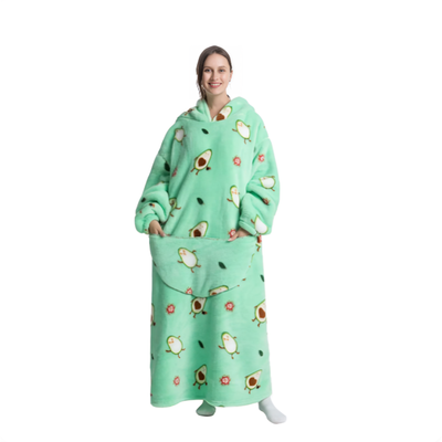 Grøn oversized hoodie med avocadomønster, lang model