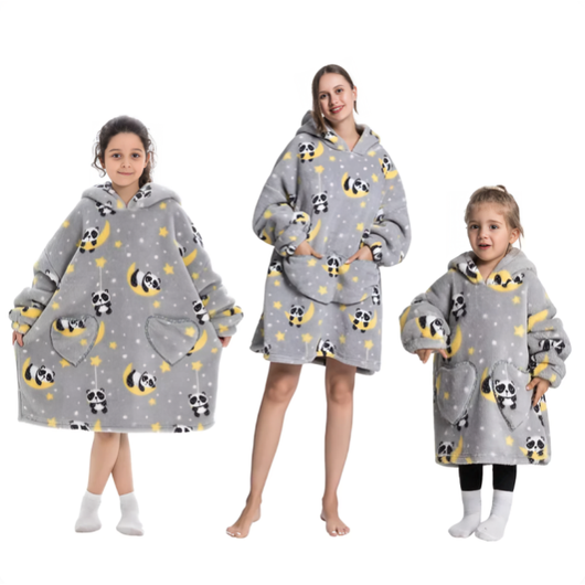 Grå oversized hoodie med panda- og månemønster til voksen og barn
