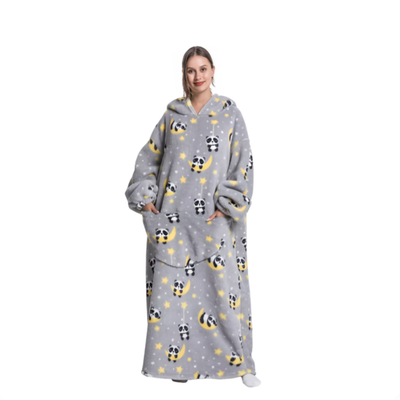 Grå oversized hoodie med panda- og månemønster, lang model