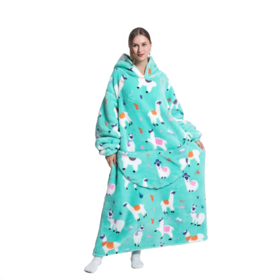 Turkis oversized hoodie med lamamønster, lang model