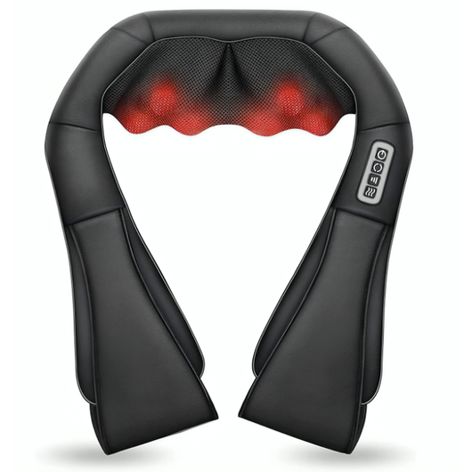 Shiatsu-nakkemassager med varmefunktion i sort – U-formet design med røde massagenoder, produktbillede på hvid baggrund