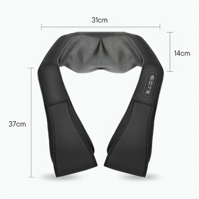 Shiatsu-nakkemassager med mål – 31 cm bred, 37 cm lang og 14 cm høj, på hvid baggrund