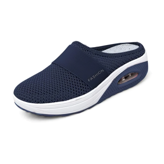 Mørkeblå: Ergonomiske mesh-tøfler med luftpudesål i mørkeblå – Dame, set fra siden