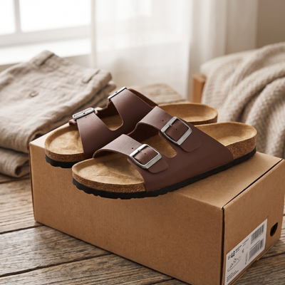 Brune sandaler med korksoler og dobbelte remme, placeret på en emballagekasse i et afslappet hjemmemiljø