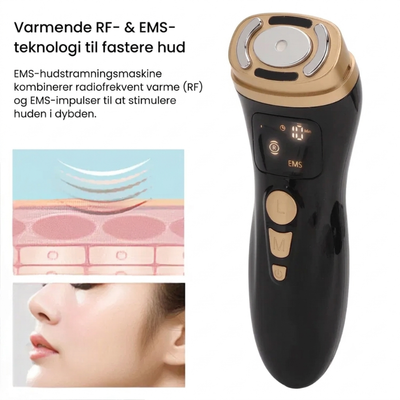 Illustration af hvordan ansigtsmaskinens varme- og EMS-teknologi virker i hudlagene