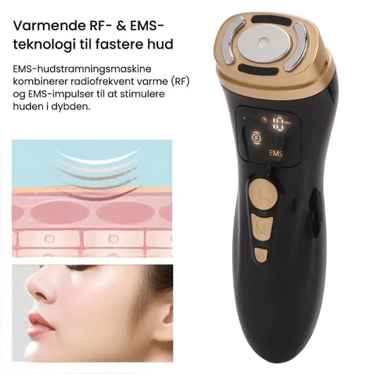 Illustration af hvordan ansigtsmaskinens varme- og EMS-teknologi virker i hudlagene