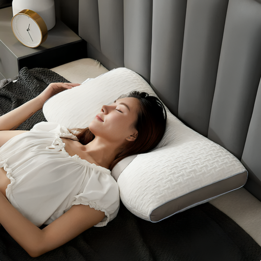 Kvinna sover på rygg med huvudet vilande mot den ergonomiska konturkudden