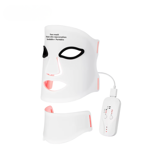 InfraRelief™ ansigtsmaske 2.0 i hvidt medicinsk silikone med halsmaske og fjernbetjening – LED-maske til rødlysbehandling