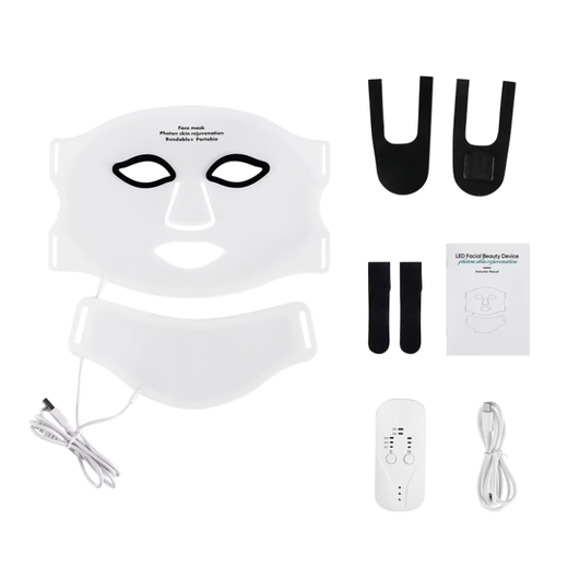 InfraRelief™ ansigtsmaske 2.0 – komplet sæt med ansigtsmaske, halsmaske, fjernbetjening, USB-C-opladerkabel, øjenpuder og brugervejledning