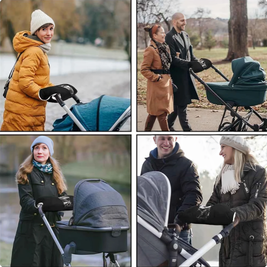 Forældre bruger klapvognsmuffe under gåtur i park, vintervejr