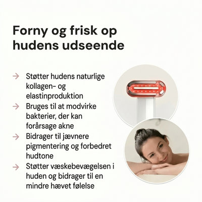 Infografik om InfraRelief – fordele: fremmer produktionen af kollagen og elastin, modvirker bakterier, der forårsager akne, bidrager til en mere jævn pigmentering og fremmer væskecirkulationen i huden
