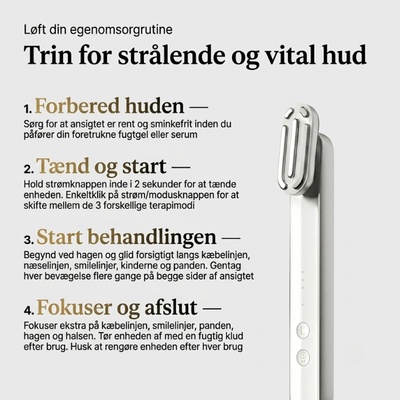 Trin-for-trin-vejledning til InfraRelief-hudplejeapparatet – forbered huden, tænd og start, påbegynd behandlingen, fokuser og afslut