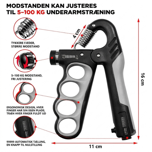 Håndtræner med detaljevisninger, der viser fjeder, modstandsjustering, ergonomisk greb og tæller