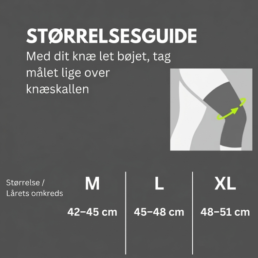 Størrelsesguide til Nordcura knæbeskyttere – mål lige over knæskallen, mens knæet er let bøjet. M: 42–45 cm, L: 45–48 cm, XL: 48–51 cm