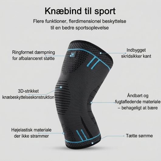 Infografik: Nordcura knæbeskyttere – egenskaber: ringformet stødabsorbering, indbygget skridsikker kant, 3D-strikket konstruktion, åndbart materiale, meget elastiske og tætte sømme