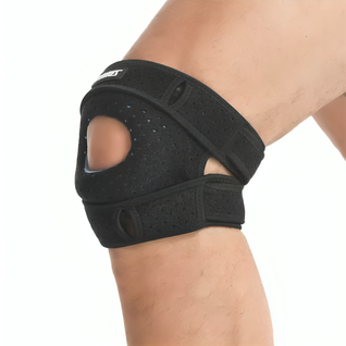 Knæstøtte med patellastabilisering og gelpude – justerbar og åndbar til træning og hverdagsbrug