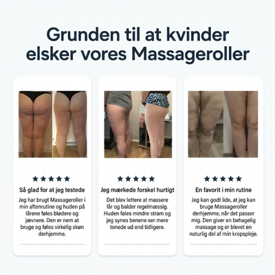Tre kundeanmeldelser med fem stjerner og billeder af ben efter brug af massagerulleren