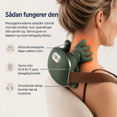 Kvinde, der bruger en grøn elektrisk nakkemassager på nakken – infografikken viser en knådende bevægelse, varmefunktion på 42–45 °C og et omsluttende design