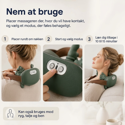 Tre trin til brug af en elektrisk nakkemassager – placér den omkring nakken, vælg indstilling, læn dig tilbage i 10–15 minutter