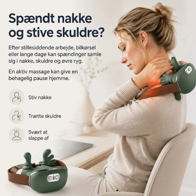 Kvinde, der holder en grøn elektrisk nakkemassager mod en anspændt nakke og skuldre – infografikken viser anvendelsesområder: stiv nakke, trætte skuldre, svært ved at slappe af