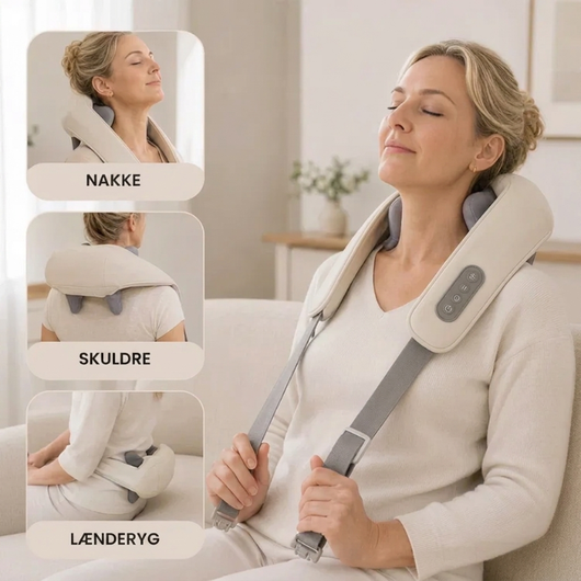 Kvinde bruger massageapparatet på nakke, skuldre og lænderyg i tre eksempelbilleder