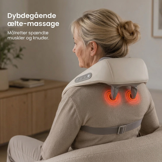 Kvinde med massageapparat på skuldrene, illustreret varmeeffekt ved dyb æltende massage