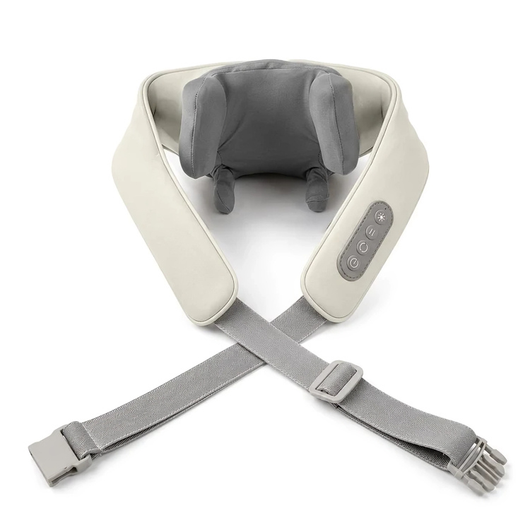 Nakkemassageapparat i beige med justerbare stropper og kontrolpanel, set lige oppefra