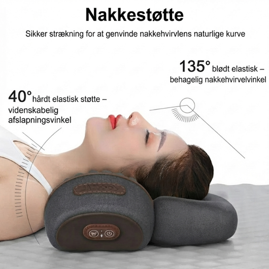 Kvinde, der ligger på en 3-i-1 nakkemassagepude – infografikken viser nakkestøtten med ergonomiske vinkler på 40° og 135° for optimal strækning